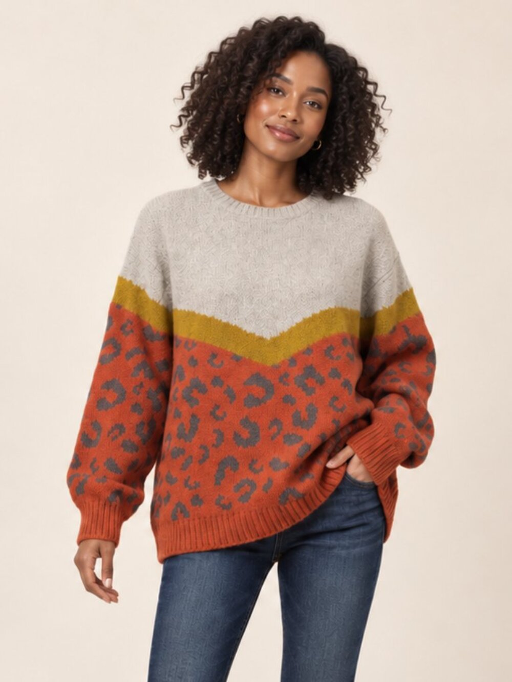 Easel Rust Leopard Colorblock Oversized Boxy Sweater Large Boho Knit  Measuremen